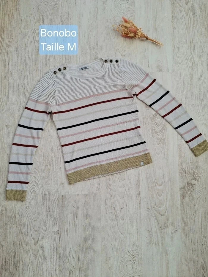 Blusa/suéter de mujer a rayas blanco/dorado/rosa/burdeos/negro Bonobo Estilo marinero chic - Talla M – photo 2